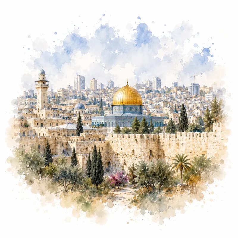 Watercolor of Jerusalem's old city with the Dome of the Rock