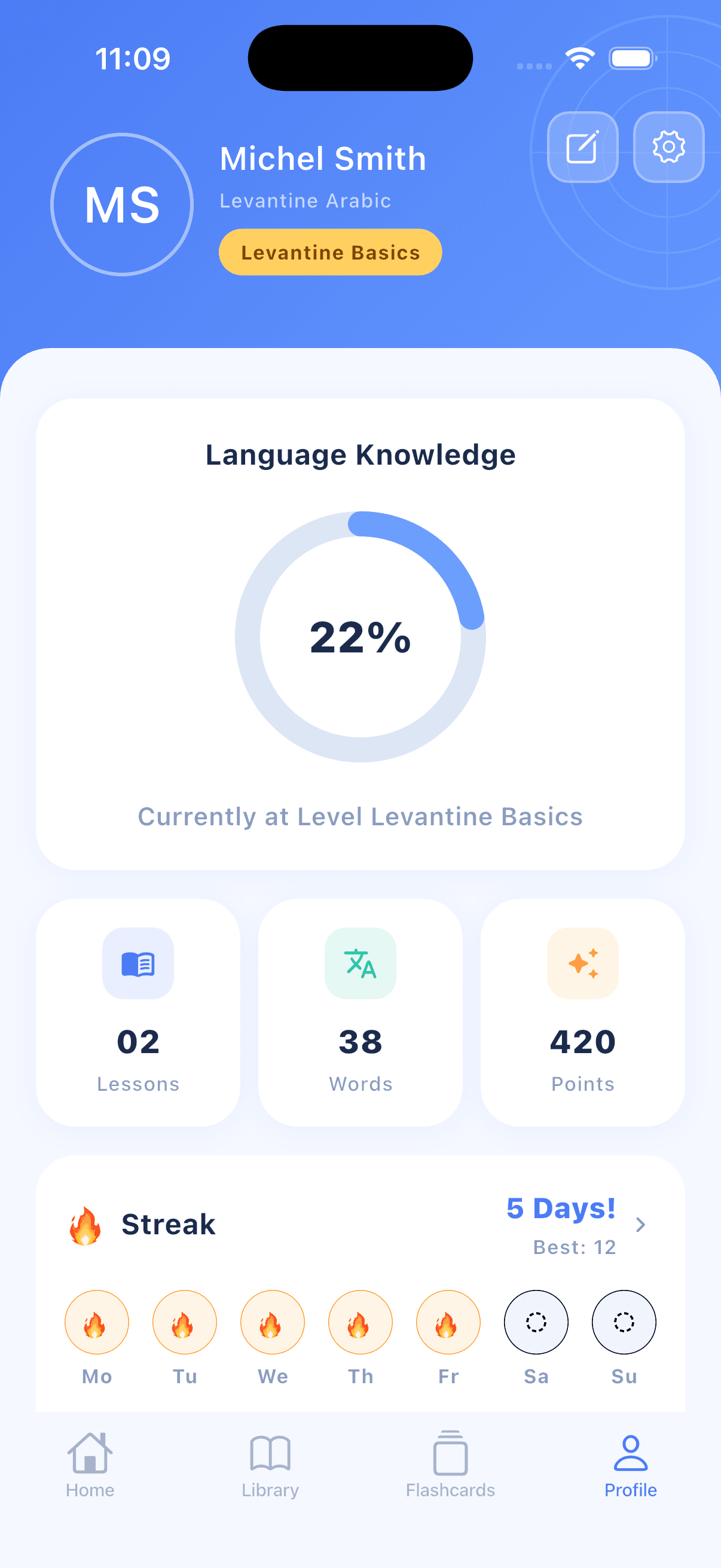 ArabifyMe profile and progress screen