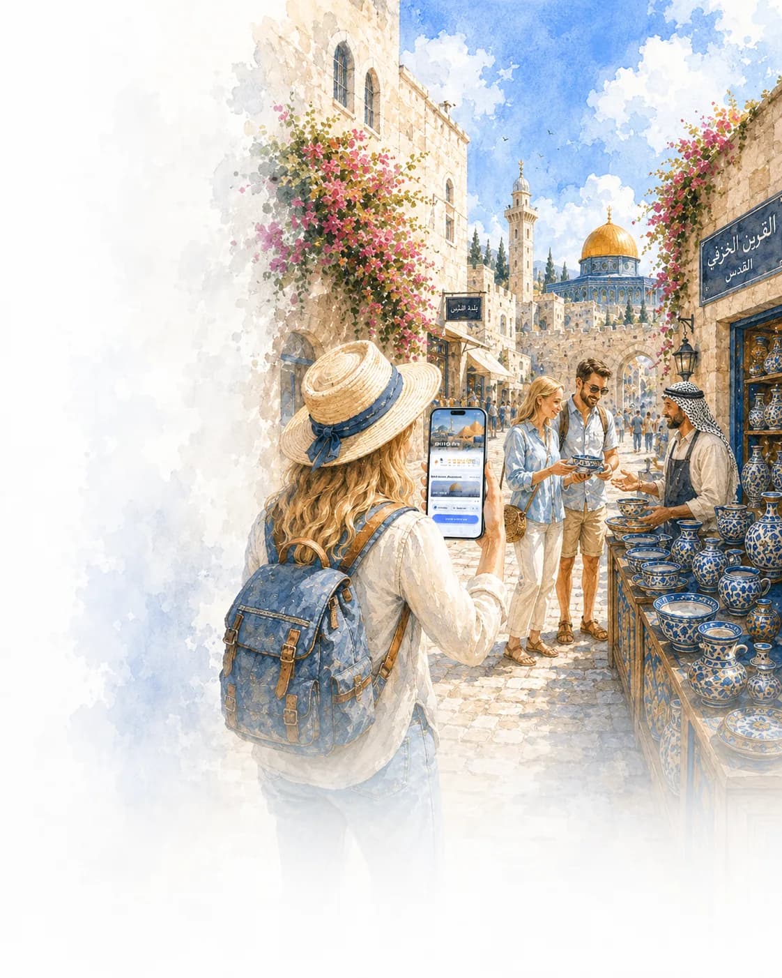 Watercolour of a traveller checking their phone in a Jerusalem street, with the Dome of the Rock in the distance